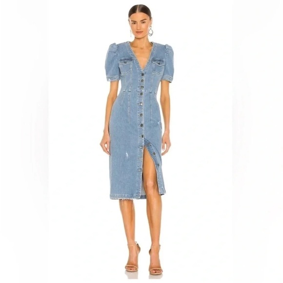 NWT Retrofete Annie Denim Button Up Puff Sleeve Dress in Laguna XS - Picture 2 of 16